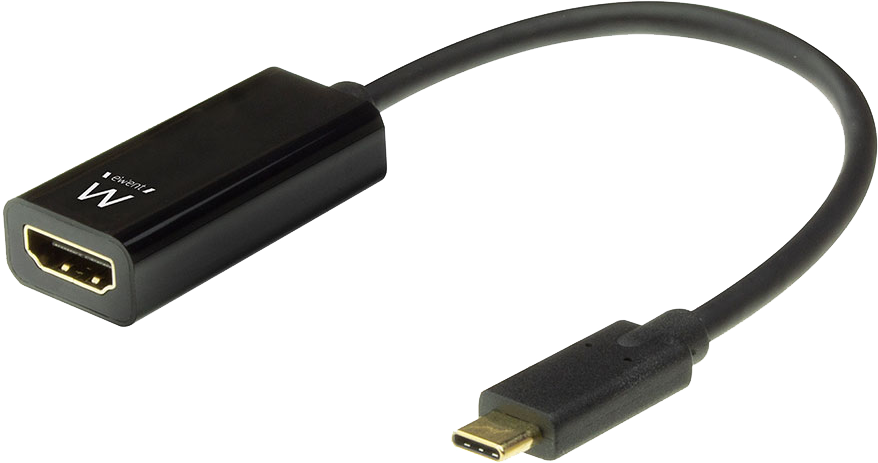 Un cable adaptador negro de USB-C a HDMI sobre un fondo blanco.