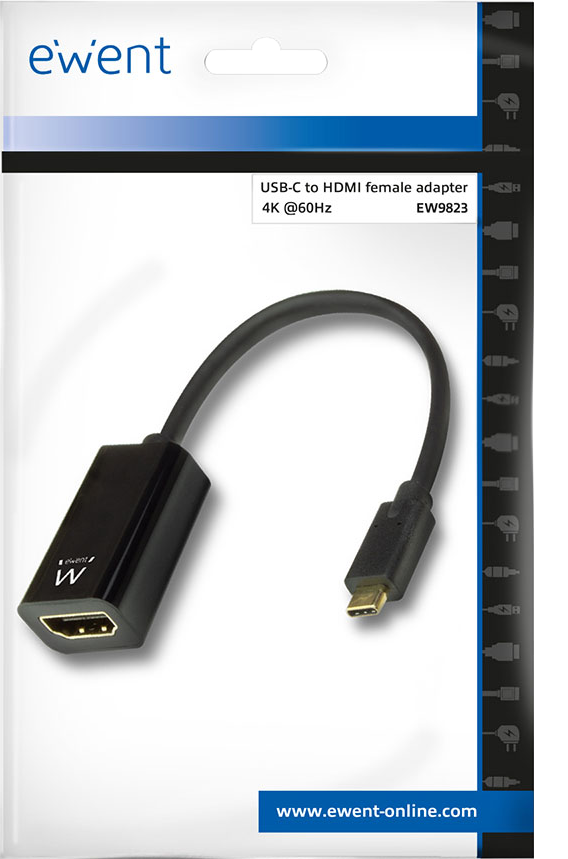 Adaptador hembra de USB-C a HDMI de Ewent en su embalaje.