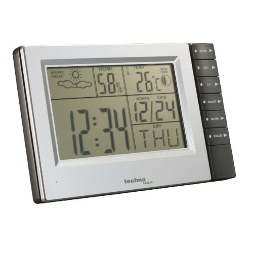 Digitale Wetterstation mit silbernem Rahmen, Uhrzeit, Datum und Temperatur auf dem LCD-Bildschirm.