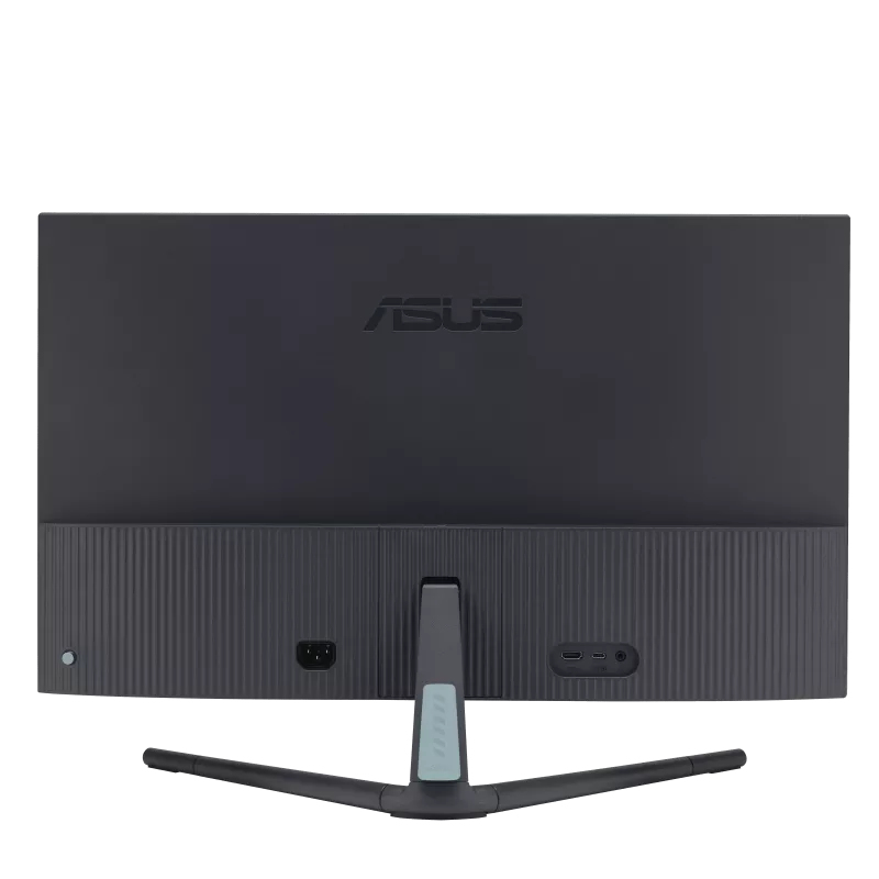 Rückansicht eines schwarzen Asus-Monitors mit Anschlüssen und V-förmigem Standfuß vor weißem Hintergrund.