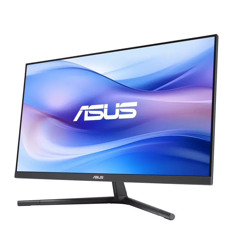 Ein ASUS-Monitor mit schwarzem Rahmen steht auf einem Tisch, sein Bildschirm zeigt eine abstrakt blaue Welle.