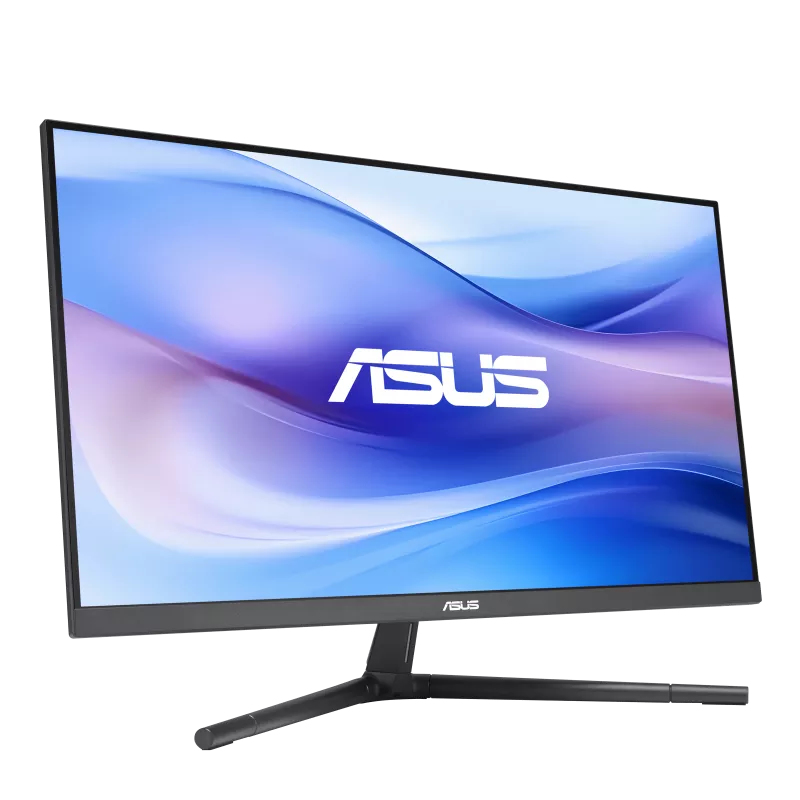 Ein ASUS-Monitor mit schmalem Rahmen zeigt ein blaues, abstraktes Hintergrundbild auf schwarzem Standfuß.