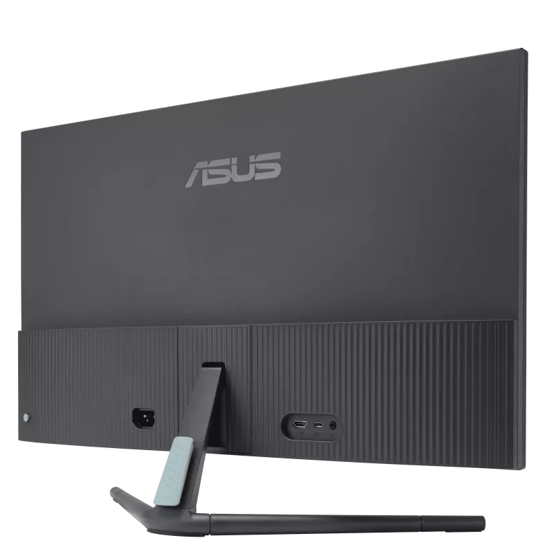 Rückansicht eines grauen ASUS-Monitors mit Standfuß und Anschlüssen auf einer weißen Fläche.