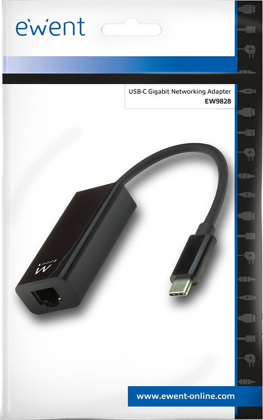 Adattatore di rete Gigabit USB-C Ewent mostrato nella sua confezione integra.