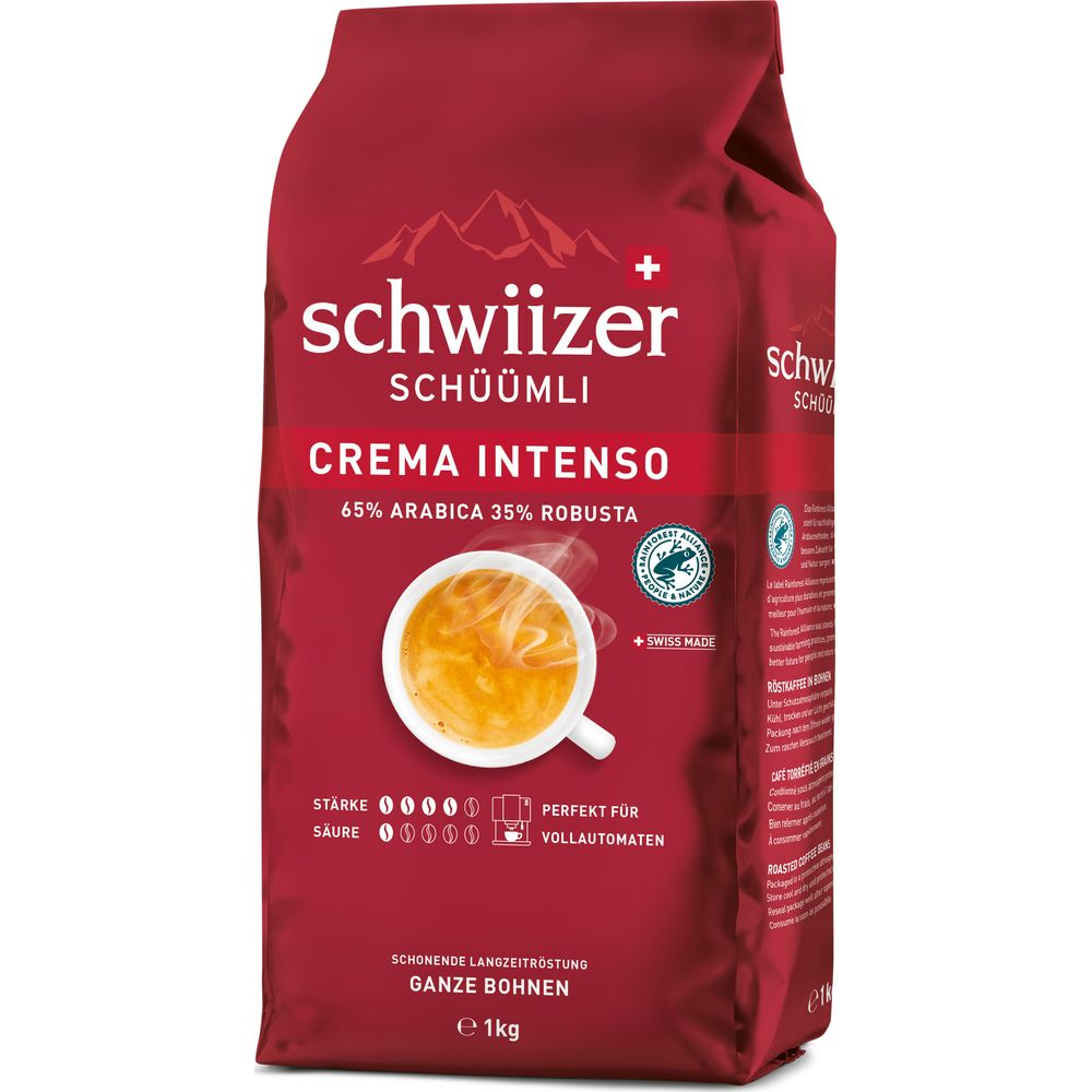 Sachet de café rouge Schwiizer Schüümli avec une tasse de café et une croix suisse.