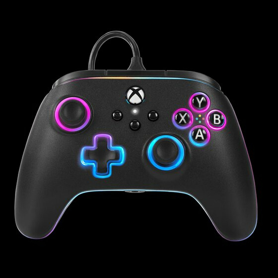 A black Xbox controller with vibrant colorful LED lights around buttons and joysticks against a black background.