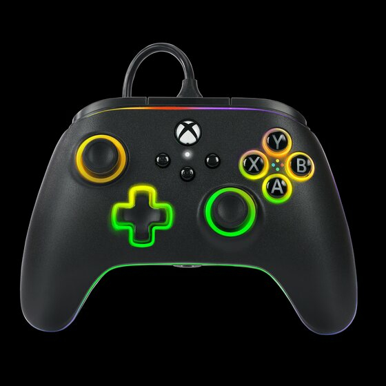 A black Xbox controller featuring vibrant multicolored RGB LED accents around the buttons, D-pad, and analog sticks.
