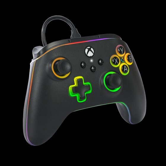 A black wired Xbox controller with vibrant RGB glowing lights around the buttons and edges on a black background.