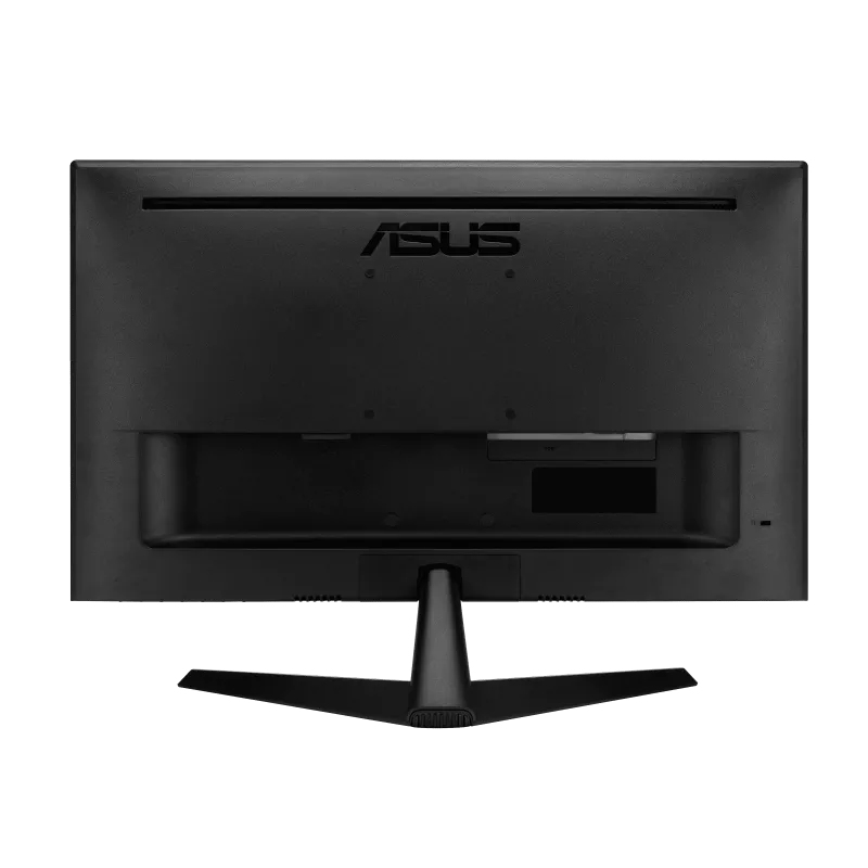Vista trasera de un monitor de ordenador Asus negro con puertos y soporte sobre fondo blanco.