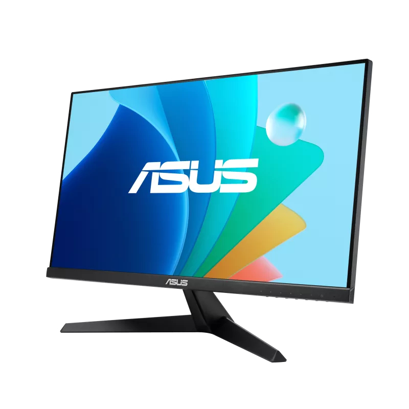 Monitor Asus negro con fondo de ondas azul y verde y logotipo blanco de Asus.