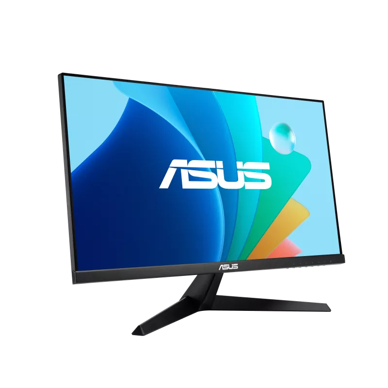 Un monitor negro de Asus con fondo azul y logotipo blanco sobre soporte negro.