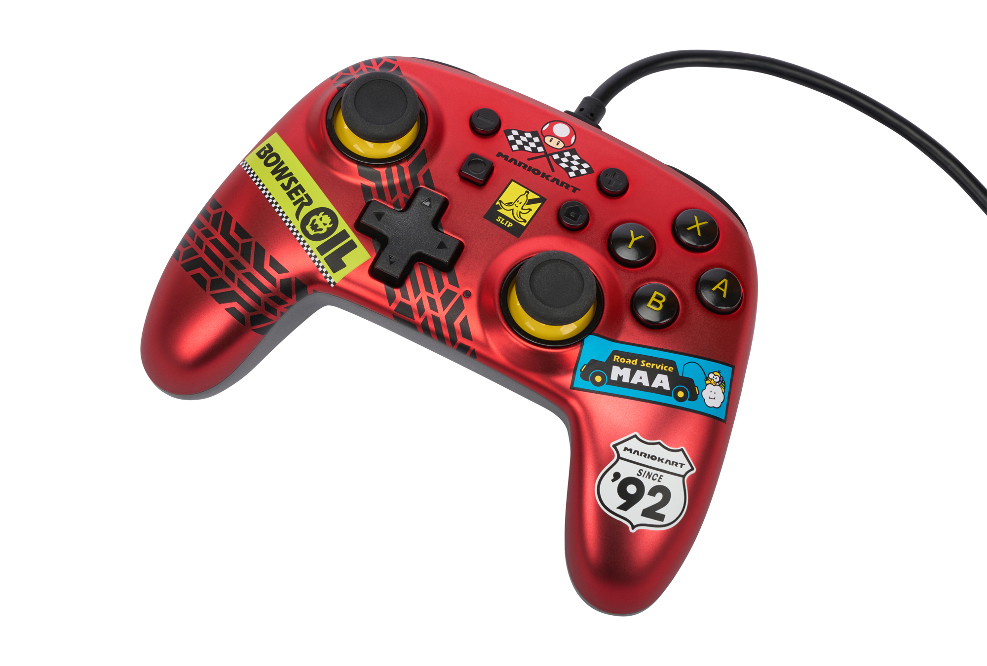 Red Mario Kart gamepad controller with black sticks, colored buttons, and various themed stickers on the body.