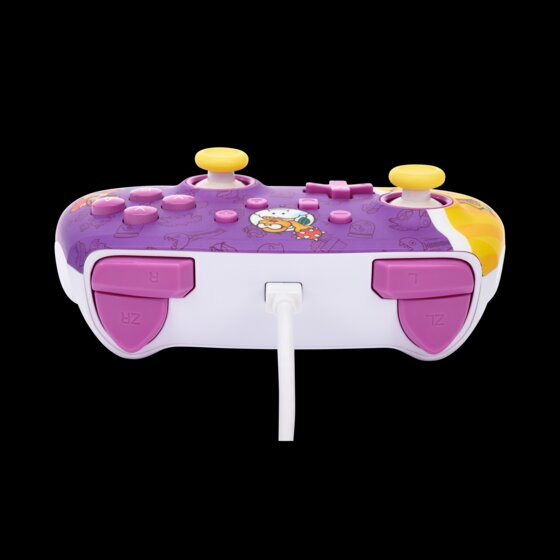 Mando de juego morado y blanco con joysticks amarillos y un cable blanco conectado.