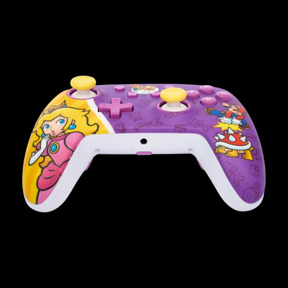 Un mando de juego morado y blanco con gráficos de la Princesa Peach, Mario y un caparazón de Bowser.