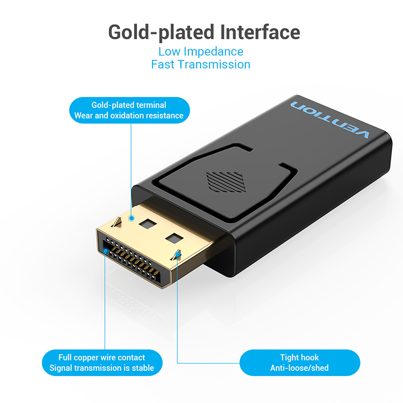 Adaptador DisplayPort negro con interfaz chapada en oro y etiquetas.