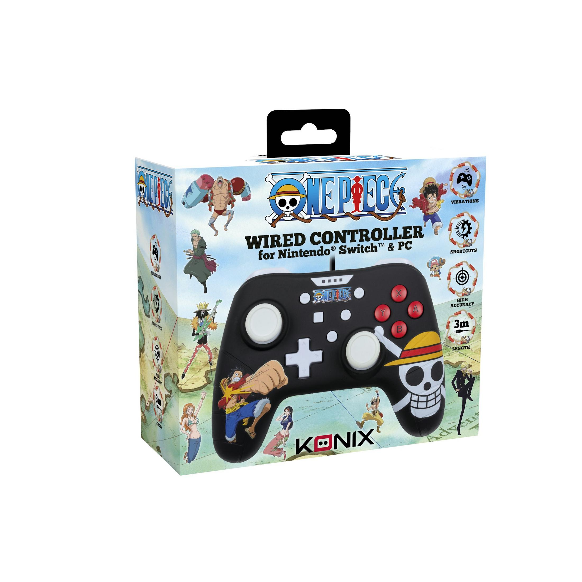 One Piece kabelgebundener Controller für Nintendo Switch und PC in Verpackung mit Anime-Figuren.