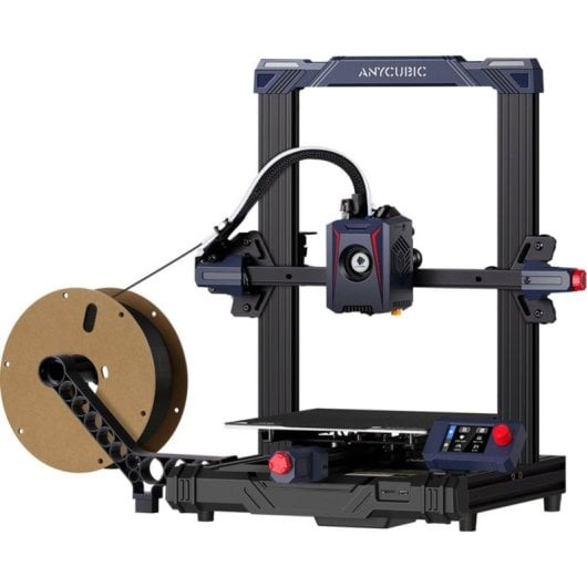 Una impresora 3D Anycubic azul con marco negro, bobina de filamento y pantalla de control.