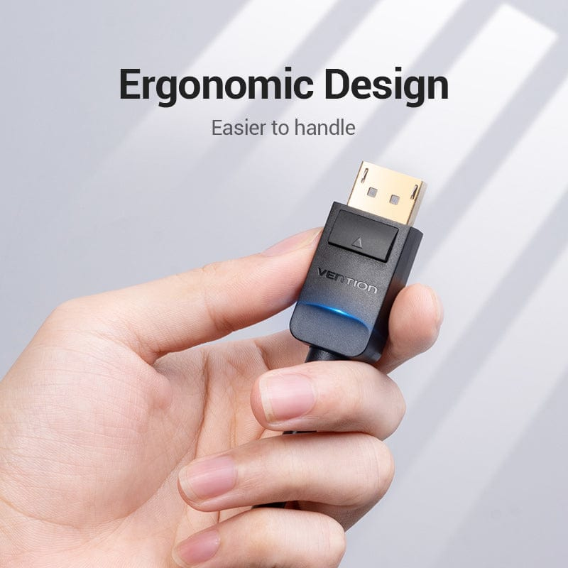 Una mano sosteniendo un cable DisplayPort de Vention con diseño ergonómico.