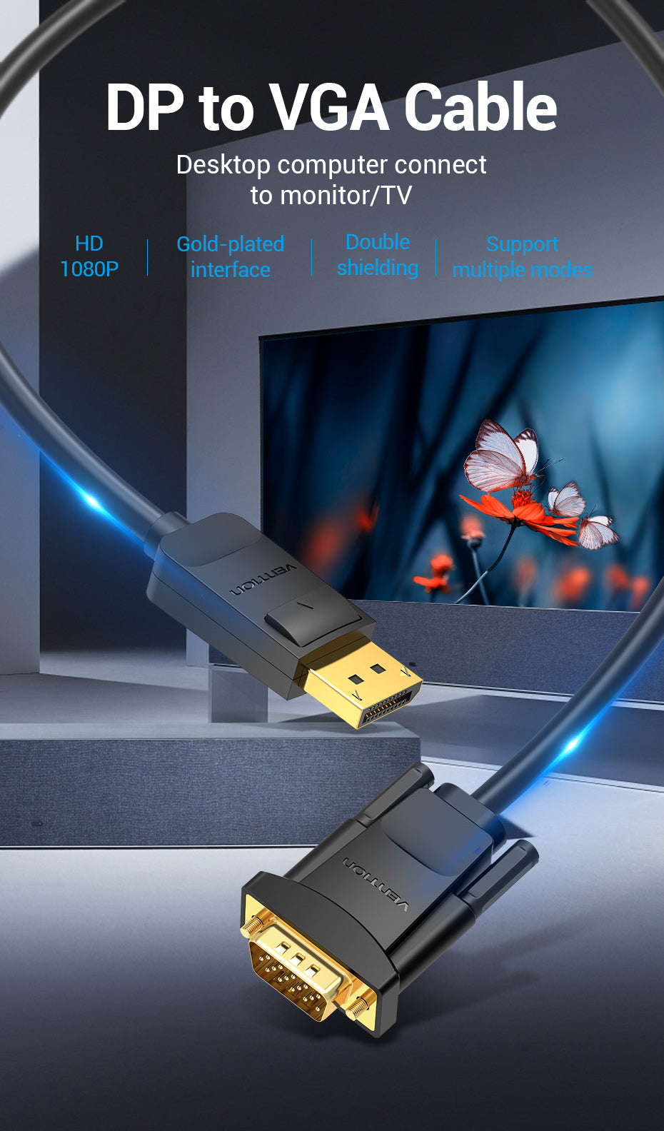 Cable DP a VGA con conectores dorados y texto para conectar PC a monitor.