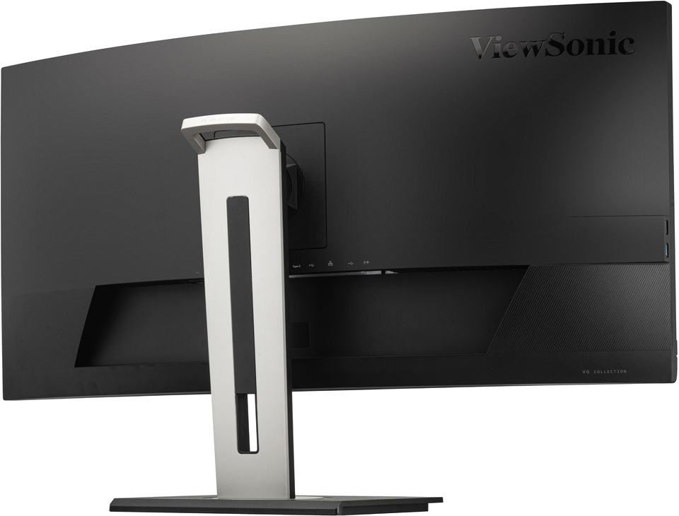 Rückansicht eines schwarzen ViewSonic-Monitors mit silber-schwarzem Standfuß vor weißem Hintergrund.