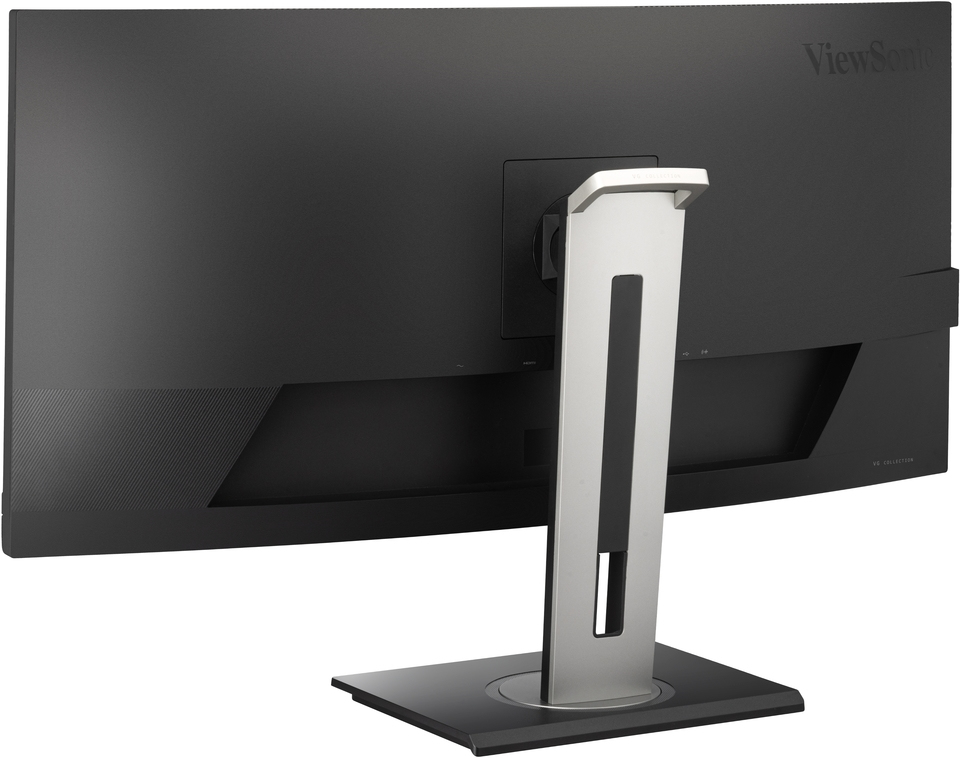 Die Rückseite eines schwarzen ViewSonic-Monitors mit einem silbernen Standfuß.
