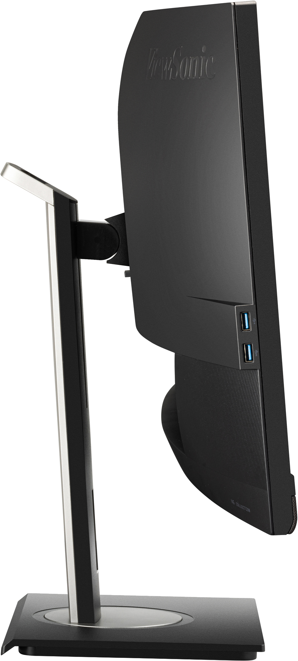 Seitenansicht eines schwarzen ViewSonic-Monitors mit USB-Anschlüssen am Ständer.