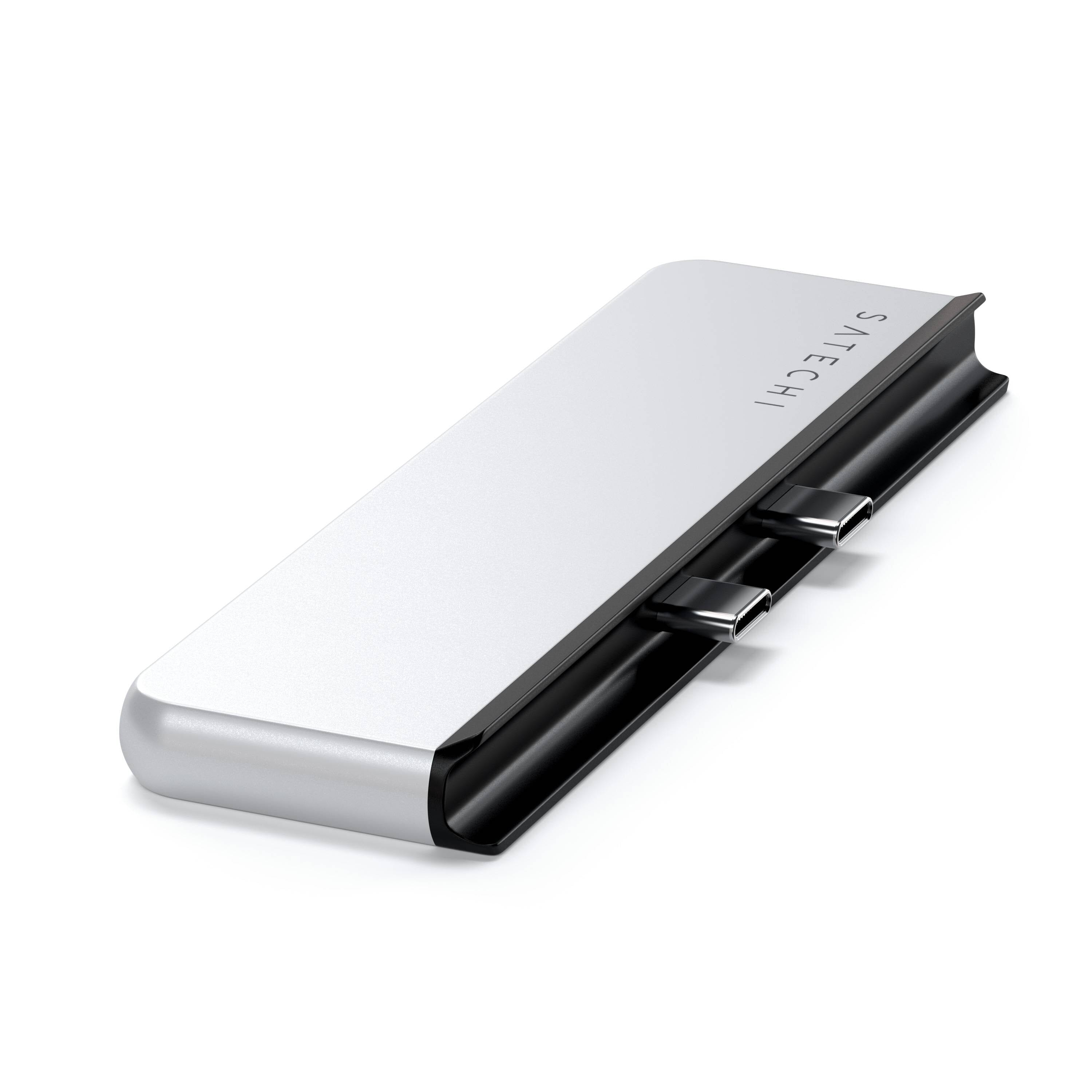 Concentrador USB-C plateado y negro de Satechi con dos conectores salientes.