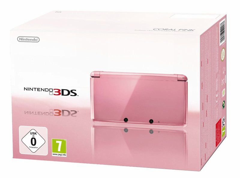 Una caja de producto Nintendo 3DS Coral Pink blanca y rosa que muestra la consola cerrada en el centro.