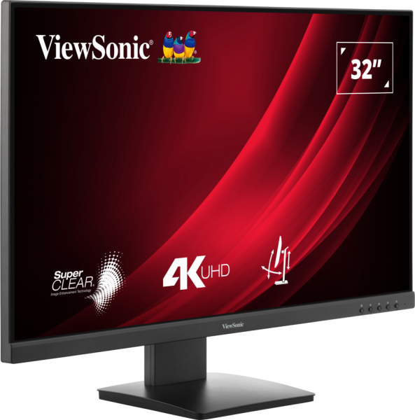 Monitor ViewSonic 4K UHD de 32 pulgadas con marco y soporte negros, mostrando una pantalla abstracta roja y negra.