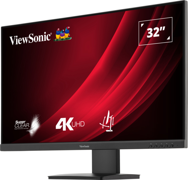 Un monitor ViewSonic 4K UHD de 32 pulgadas con marco negro sobre un soporte con fondo rojo.