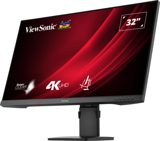 Un monitor ViewSonic de 32 pulgadas 4K UHD con fondo rojo y logotipos de marca.