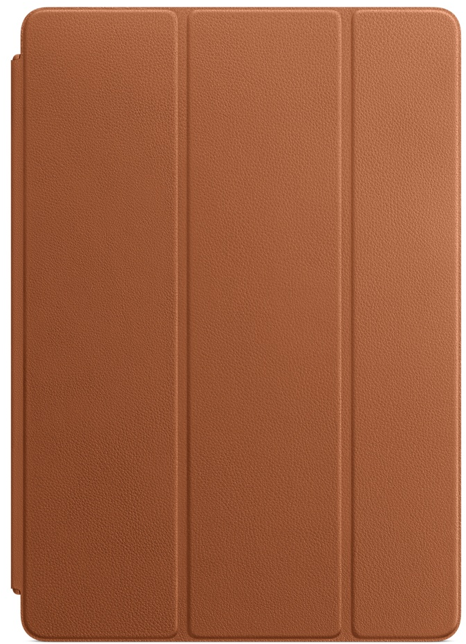 Una funda de tableta de cuero marrón con tres paneles plegables verticales.