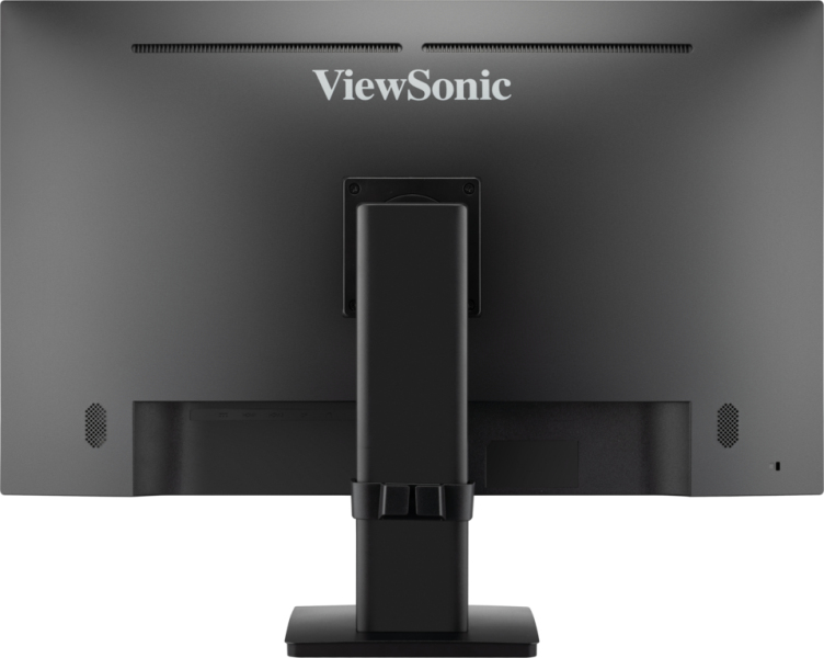 Vista trasera de un monitor ViewSonic negro con soporte.