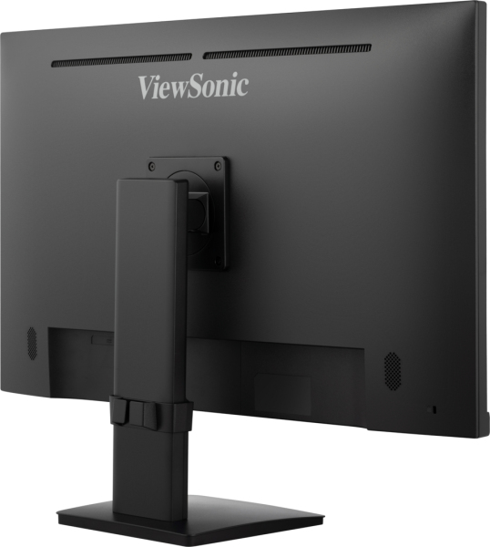 Vista trasera de un monitor ViewSonic negro con soporte resistente y montaje VESA.