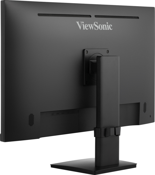 Vista trasera de un monitor de ordenador ViewSonic negro sobre un soporte ajustable con fondo blanco.