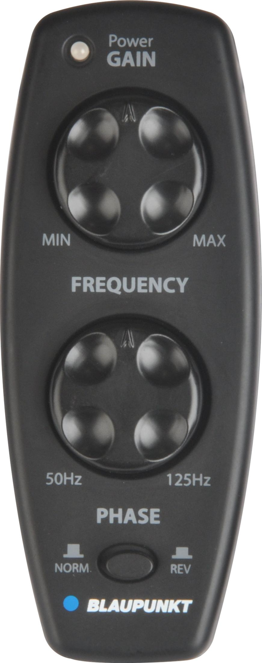Schwarze Blaupunkt Fernbedienung mit Gain- und Frequenzreglern auf weißem Hintergrund.
