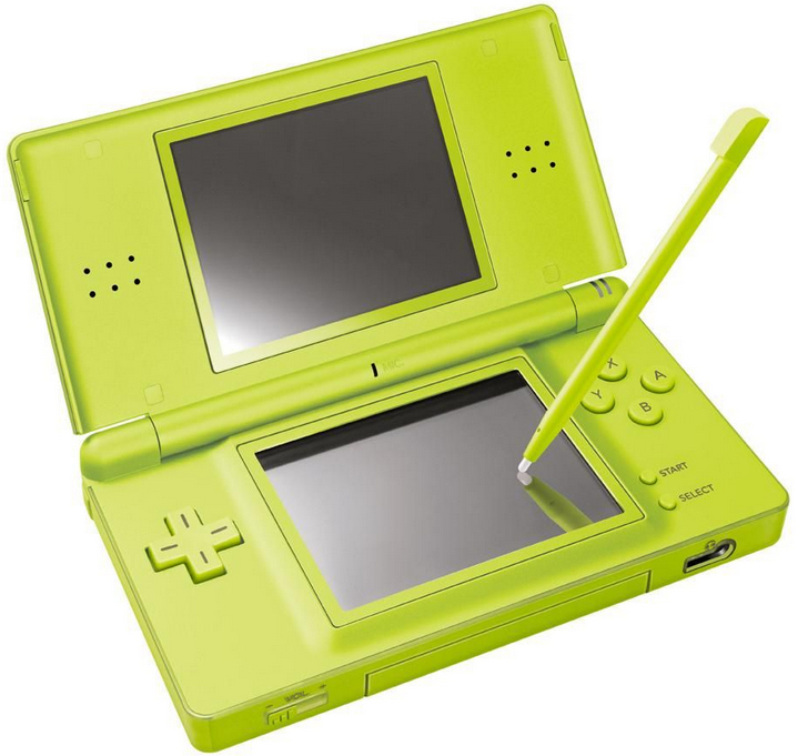 Ein leuchtend grüner Nintendo DS Lite Handheld-Spielkonsolen mit einem Stift auf dem unteren Bildschirm.