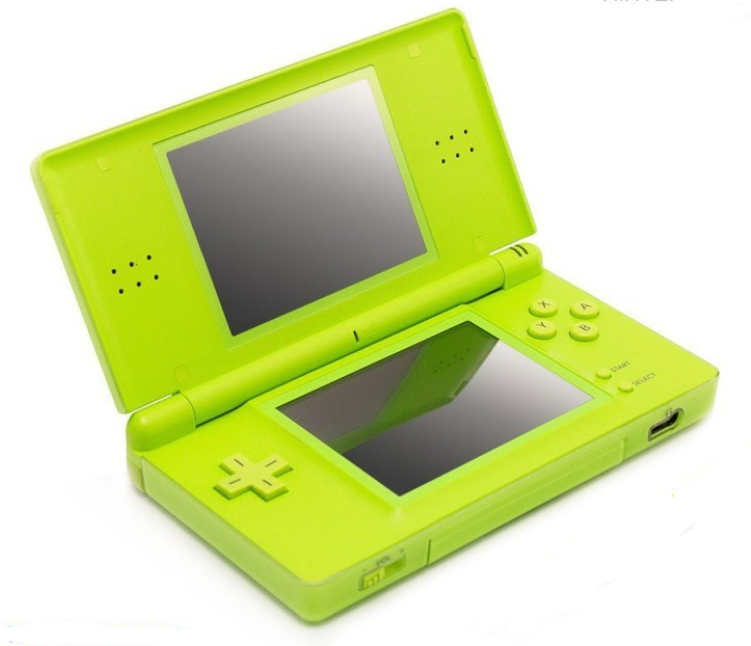 Ein offener, hellgrüner Nintendo DS Lite Handheld-Spielkonsole auf weißem Hintergrund.