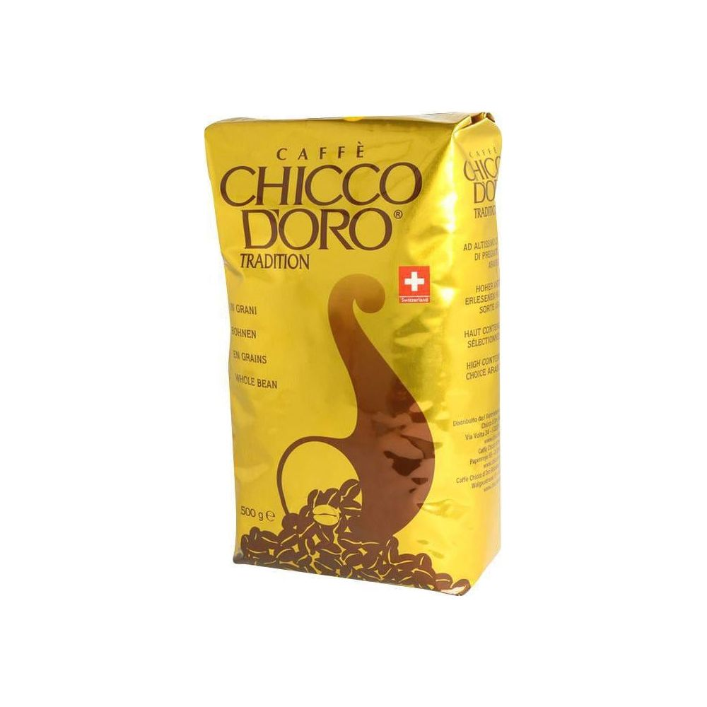 Goldene Chicco d'Oro Kaffeebohnenverpackung mit braunem Logo und Schweizer Flagge.