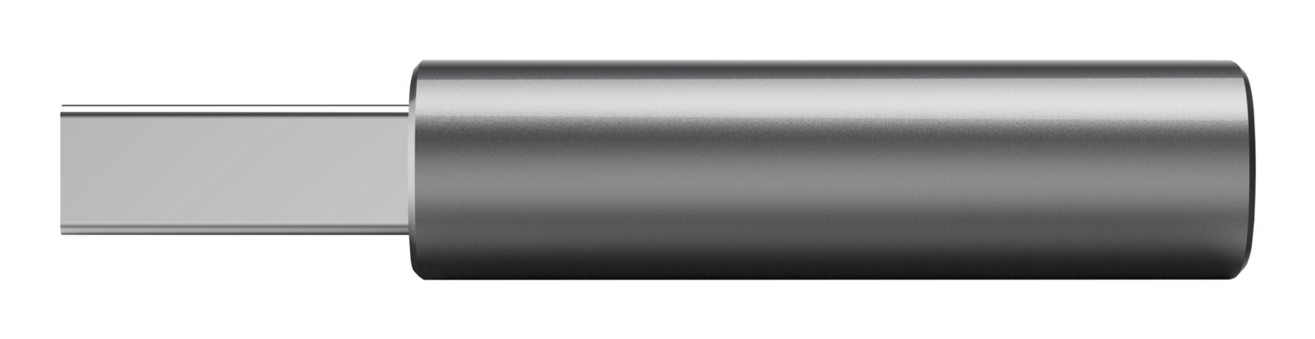 Une clé USB Type-C argentée élégante avec un corps cylindrique métallique sur fond blanc.