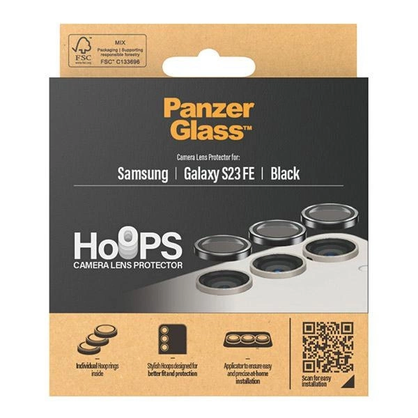PanzerGlass Kamera-Objektivschutzverpackung für Samsung Galaxy S23 FE in Schwarz.