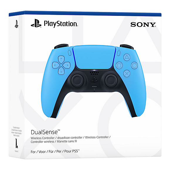 Scatola del controller wireless PlayStation 5 DualSense blu con il controller al centro.