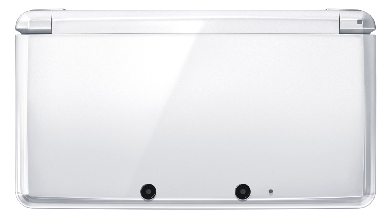 La consola Nintendo 3DS XL blanca brillante cerrada desde atrás con dos cámaras.