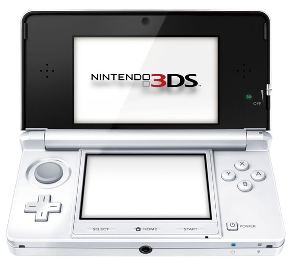 Una consola de videojuegos portátil Nintendo 3DS blanca abierta con pantallas y botones.