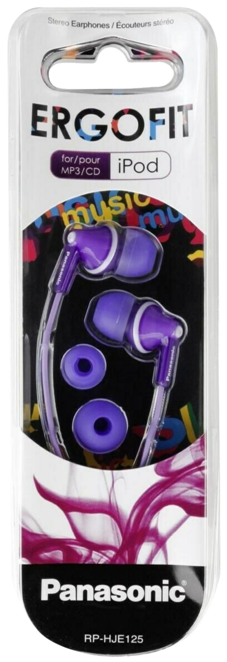 Embalaje para auriculares intrauditivos Panasonic Ergotof morados con almohadillas adicionales.