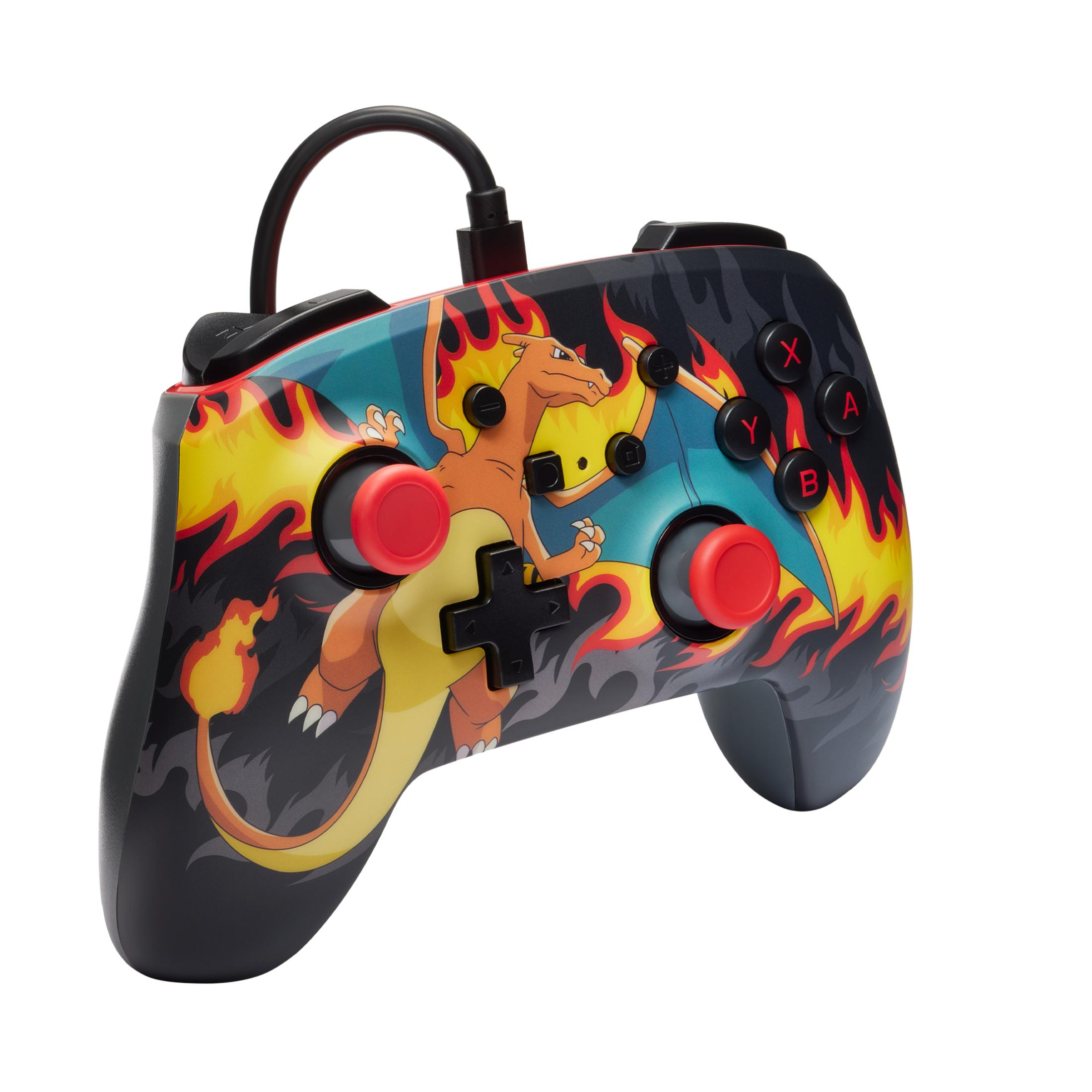 Ein schwarzer Gamepad mit Pokémon-Motiv, roten Joysticks und ABXY-Tasten auf weißem Hintergrund.