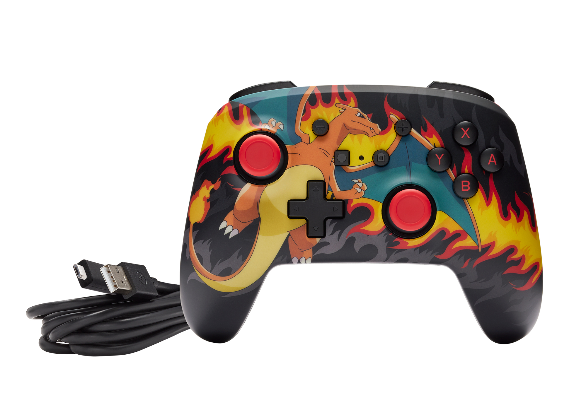 Ein Charizard-Controller mit roten Joysticks und einem schwarzen USB-Kabel vor weißem Hintergrund.