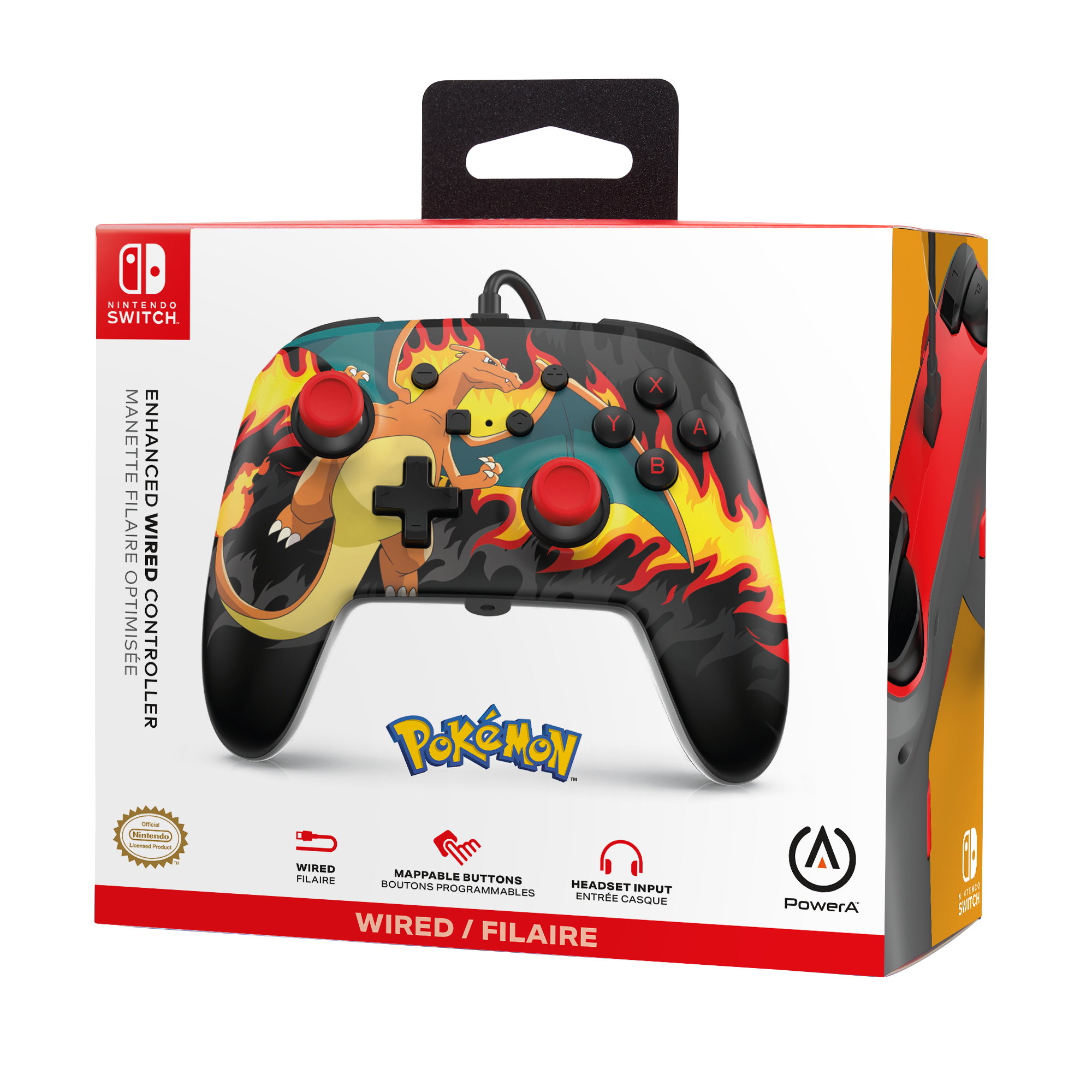 PowerA Kabel-Controller für Nintendo Switch mit Glurak-Design, roten Joysticks und Pokémon-Logo auf der Verpackung.
