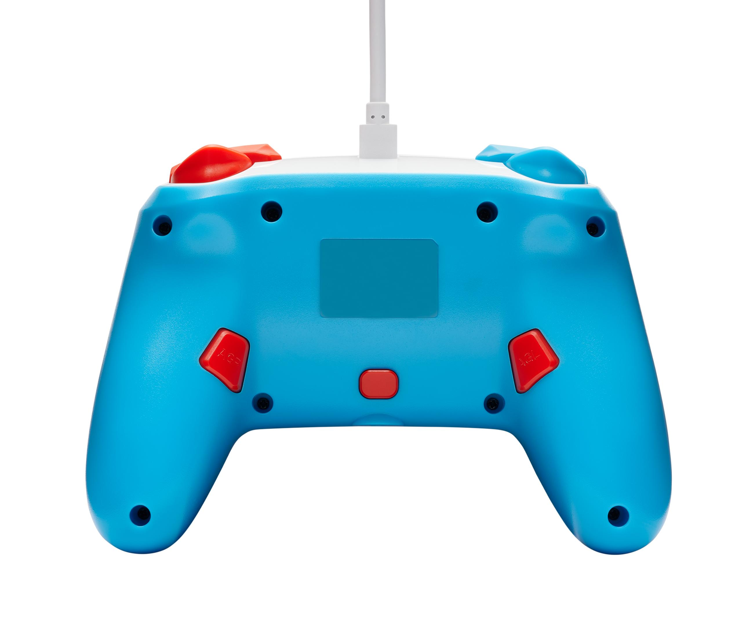 Mando de juegos con cable azul y blanco, vista trasera.