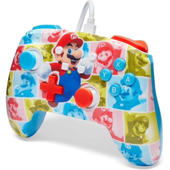 Control de videojuegos de Super Mario con joysticks azules, D-pad rojo y botones de acción sobre fondo blanco.